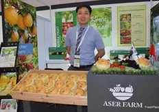 Mr Dong Ho Chang is presenting ASER FARM, the company supplies pears, grapes and strawberries from South Korea.